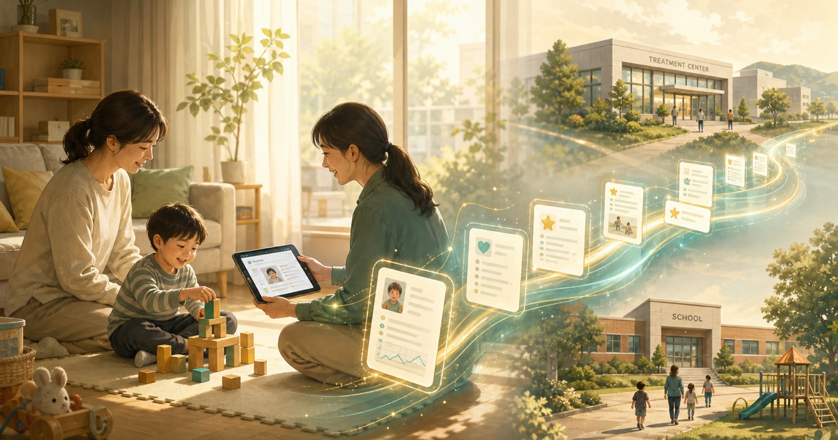 Conceptual illustration of Jarame home therapy records connecting home, center, and school on a child-centered AI Digital Care Log