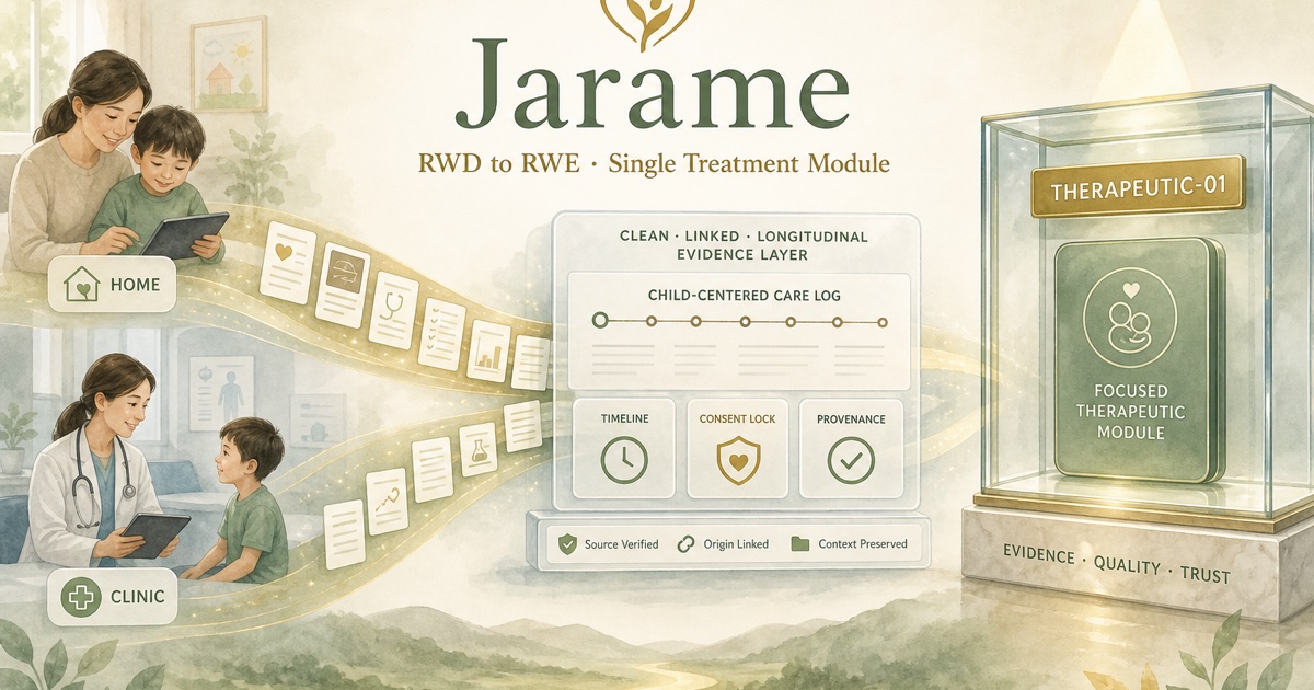자람이 FDA 준비 개념도: 가정·센터 기록이 RWE 근거 계층을 거쳐 단일 치료 모듈 Therapeutic-01로 모이는 구조