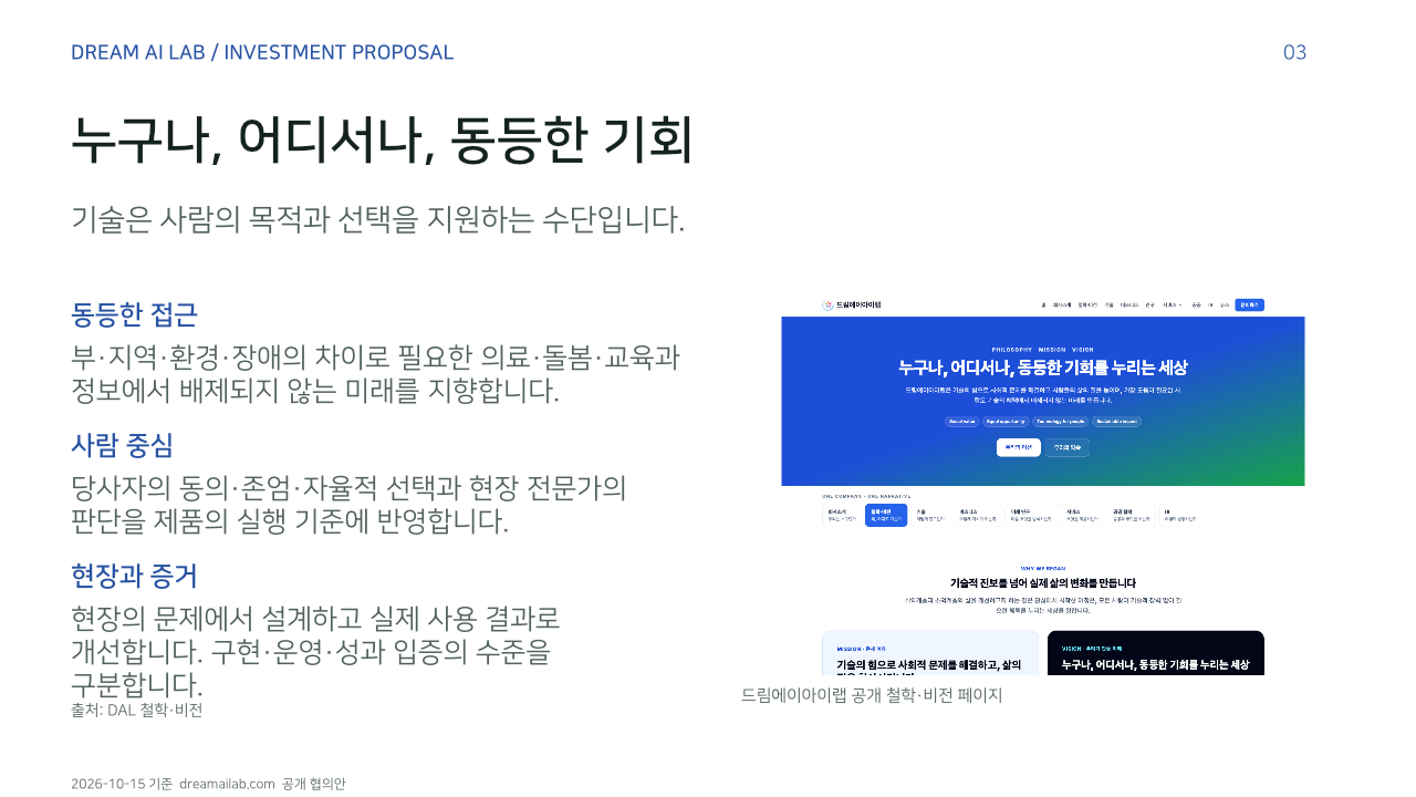 누구나, 어디서나, 동등한 기회. 기술은 사람의 목적과 선택을 지원하는 수단입니다.. 동등한 접근: 부·지역·환경·장애의 차이로 필요한 의료·돌봄·교육과 정보에서 배제되지 않는 미래를 지향합니다.. 사람 중심: 당사자의 동의·존엄·자율적 선택과 현장 전문가의 판단을 제품의 실행 기준에 반영합니다.. 현장과 증거: 현장의 문제에서 설계하고 실제 사용 결과로 개선합니다. 구현·운영·성과 입증의 수준을 구분합니다.. 